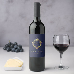 Étiquette Pour Bouteilles De Vin Baptême Garçon Marine Bleu Vintage Crest Faux Gold