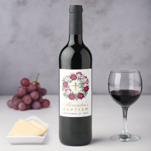 Étiquette Pour Bouteilles De Vin Baptême Girl rose Bourgogne Floral Wreath Faux Gol