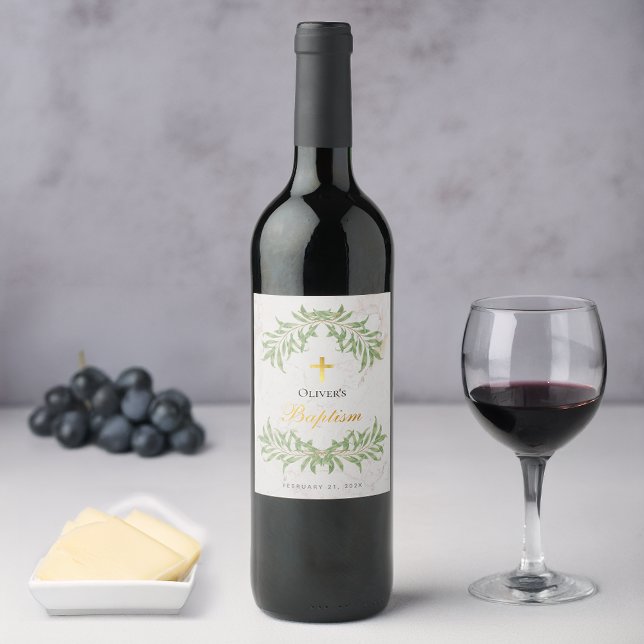 Étiquette Pour Bouteilles De Vin Baptême Marbre Feuillage Faux Papier D'or Écriture (Créateur téléchargé)