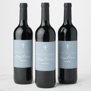 Étiquette Pour Bouteilles De Vin Baptême moderne Christening Croix blanche Dusty Bl