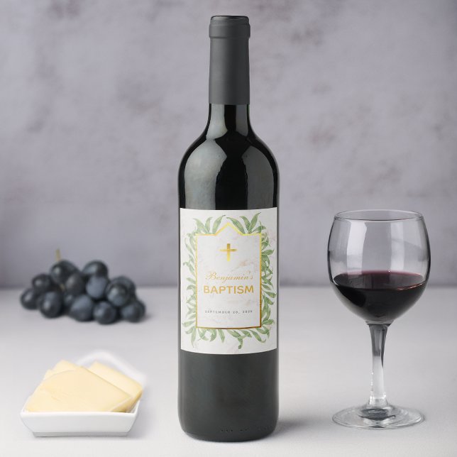 Étiquette Pour Bouteilles De Vin Baptême Verdure Faux Gold Cross Marbre Botanique (Créateur téléchargé)