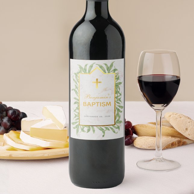 Étiquette Pour Bouteilles De Vin Baptême Verdure Faux Gold Cross Marbre Botanique (Créateur téléchargé)