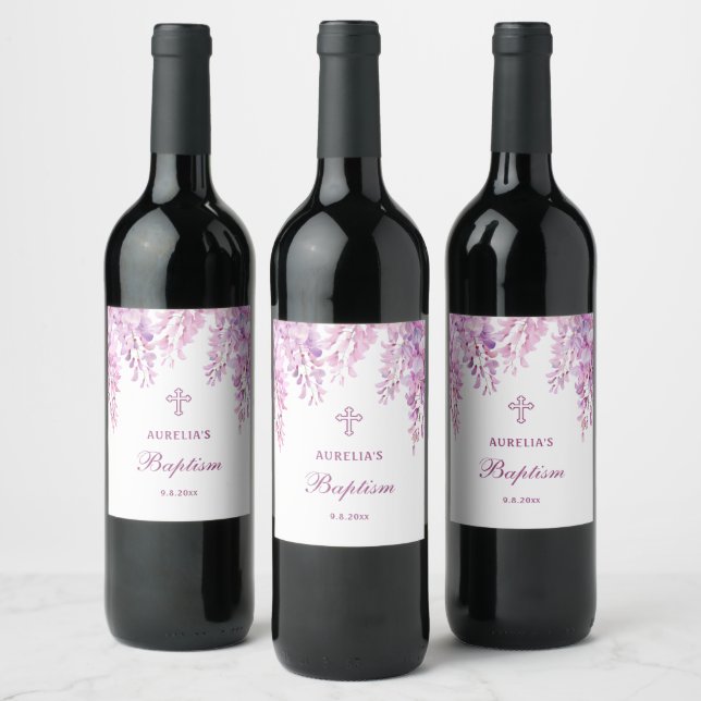 Étiquette Pour Bouteilles De Vin Baptême Wisteria Rose (Bouteilles)