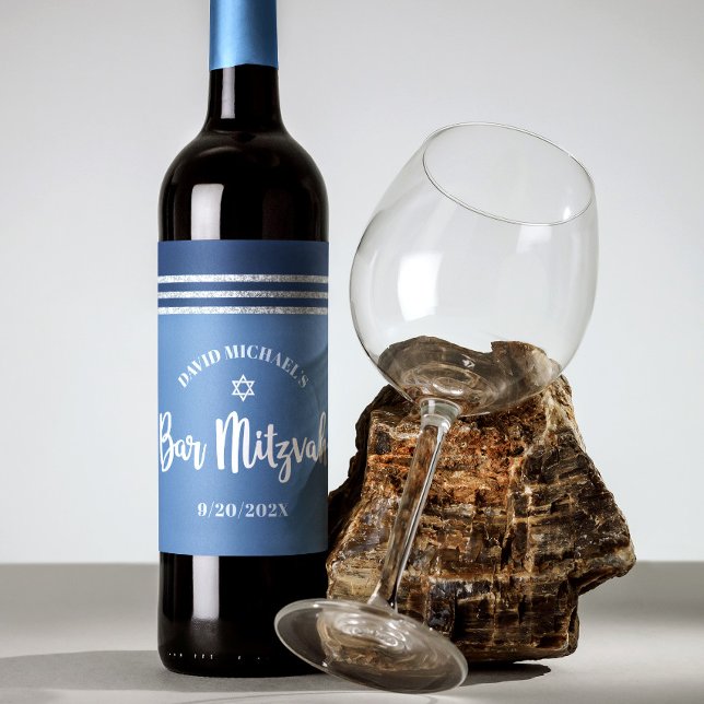 Étiquette Pour Bouteilles De Vin Bar Mitzvah Moderne Tallit Bleu Argent Écriture Gr (Créateur téléchargé)