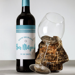 Étiquette Pour Bouteilles De Vin Bar Mitzvah Moderne Tunique Teal Argenté Écriture 