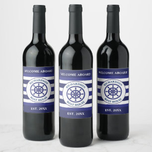Étiquette Pour Bouteilles De Vin Bateau bleu marine Bateau à roue Maison de bateau