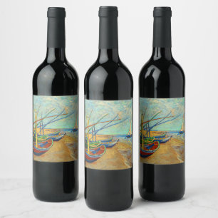 Étiquette Pour Bouteilles De Vin Bateaux de pêche sur la plage par Vincent van Gogh
