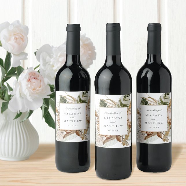 Étiquette Pour Bouteilles De Vin Beau Boho Botanique Floral Blanc Mariage (Créateur téléchargé)