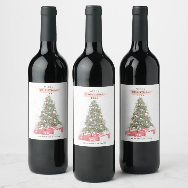 Étiquette Pour Bouteilles De Vin Beau Noël Arbre Aquarelle Vacances Art (Bouteilles)