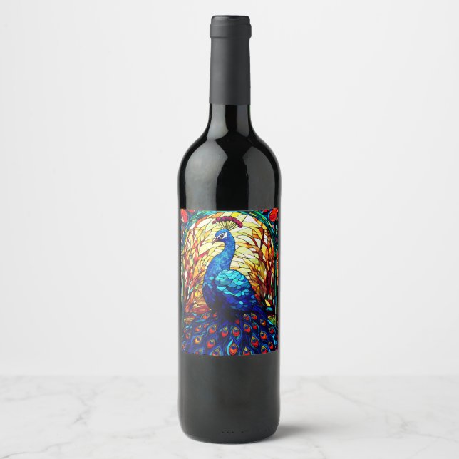 Étiquette Pour Bouteilles De Vin Beau Peacock Vitrail Art de la faune (Devant)