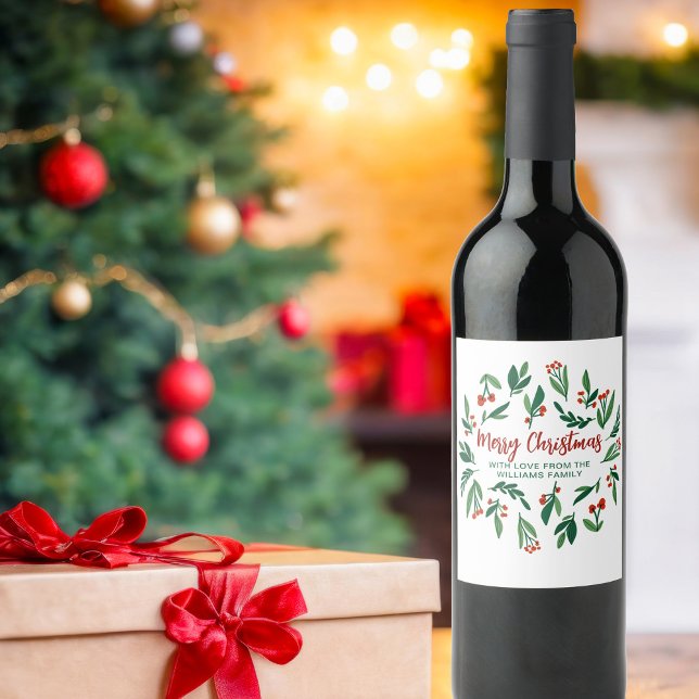 Étiquette Pour Bouteilles De Vin Beau Red Green Holly Berry Custom Christmas (Créateur téléchargé)