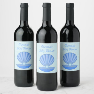Étiquette Pour Bouteilles De Vin Bébé bleu Coquille d'huîtres et Baby shower Pearl