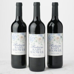 Étiquette Pour Bouteilles De Vin Bébé Floral bleu en Fleur Baby shower Hydrangea