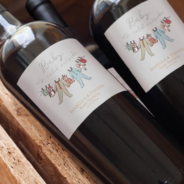 Étiquette Pour Bouteilles De Vin Bébé son Baby shower froid à l'extérieur de l'hive (Elegant & Cute Winter Baby Shower "Baby it's Cold Outside" Wine Labels. Customize with Name & Date.)