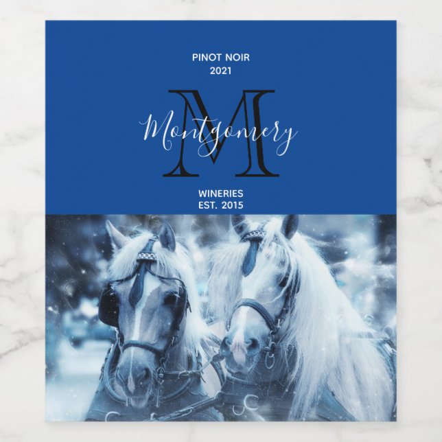 Étiquette Pour Bouteilles De Vin Belle Équipe Cheval Hiver Photo Fabrication de vin (Étiquettes simples)