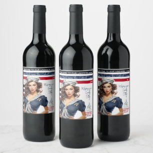 Étiquette Pour Bouteilles De Vin Belle fille pin-up nautique rouge bleu personnalis