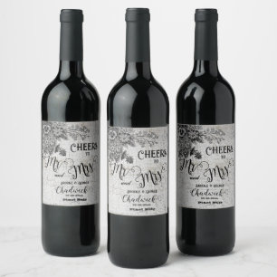 Étiquette Pour Bouteilles De Vin Belle Fleurs noires/grises Étiquette bouteille de