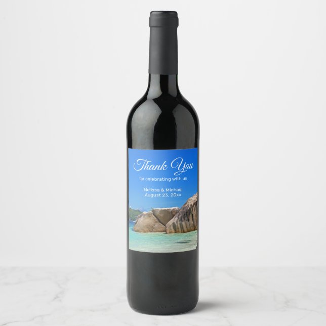 Étiquette Pour Bouteilles De Vin Belle Mer Tropicale avec Côte Rocheuse Couverte (Devant)