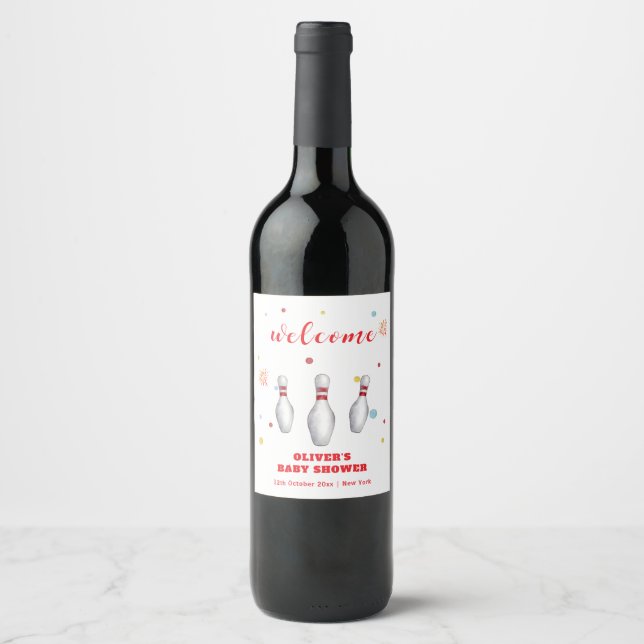 Étiquette Pour Bouteilles De Vin Bienvenue à une soirée bowling pour bébé moderne (Devant)