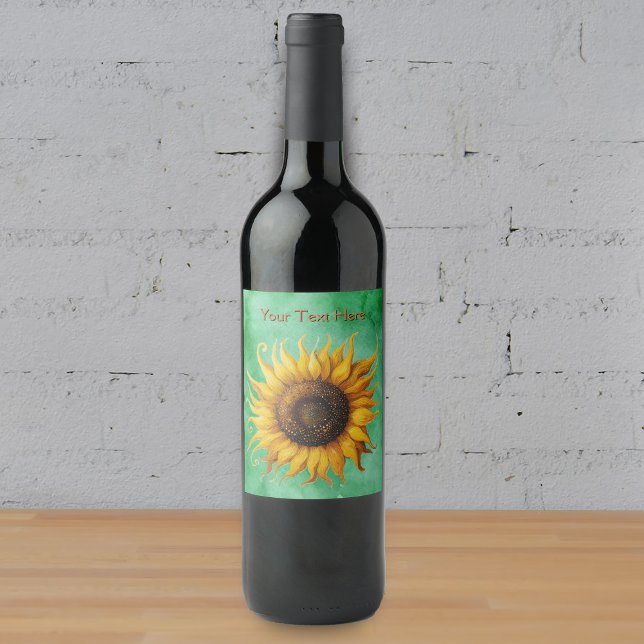 Étiquette Pour Bouteilles De Vin Big fancy Yellow sunflower on shades of green (Big yellow sunflower on shades of green bottle labels.)