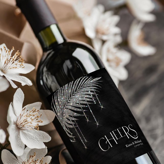 Étiquette Pour Bouteilles De Vin Bijoux Mariage feuille de palme Cheers Argent ID83 (Créateur téléchargé)