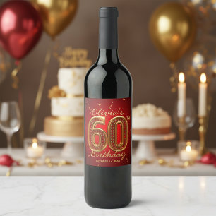 Étiquette Pour Bouteilles De Vin Bijoux Or Rouge Élégant 60e Anniversaire
