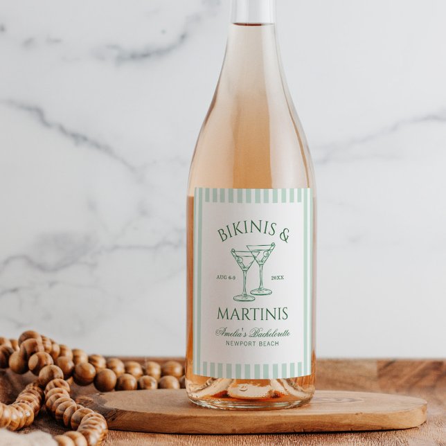 Étiquette Pour Bouteilles De Vin Bikinis & Martinis Green Bachelorette (Créateur téléchargé)