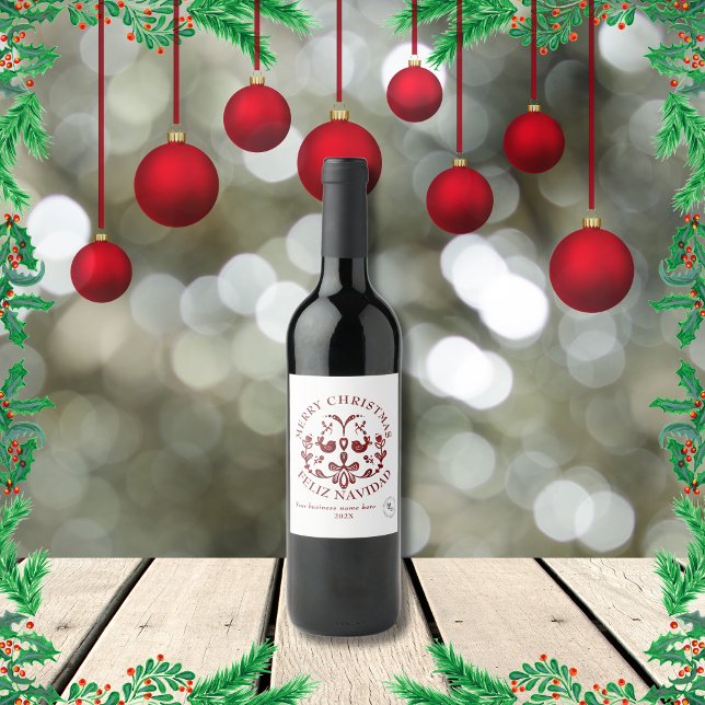 Étiquette Pour Bouteilles De Vin Bilingue Noël Espagnol Bourgogne Oiseaux (christmas Spanish bilignual text, Wine bottle label, custom logo, business name & text multilingual)