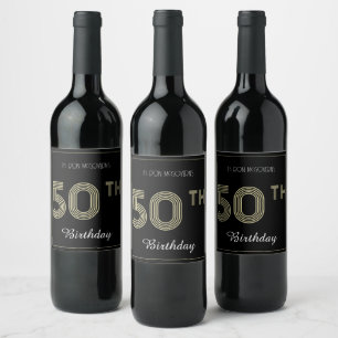 Étiquette Pour Bouteilles De Vin Black and Gold 50th Birthday Retro Stripe Print