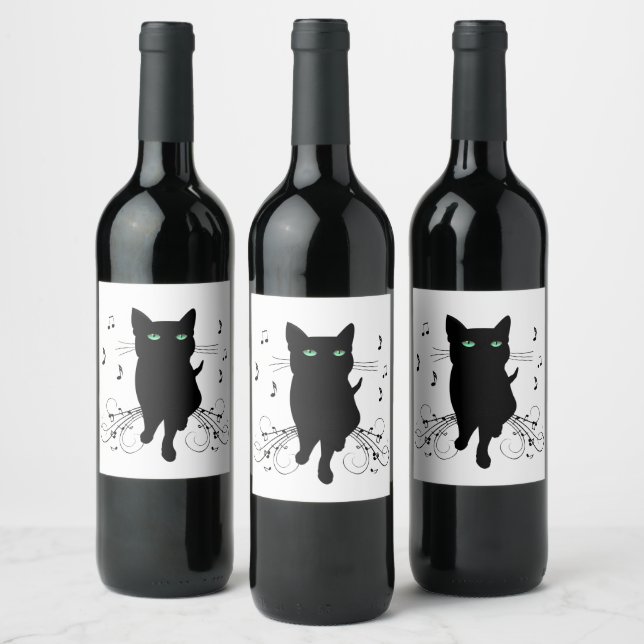 Étiquette Pour Bouteilles De Vin Black Cat Surrounded by Whispering Notes of Music (Bouteilles)