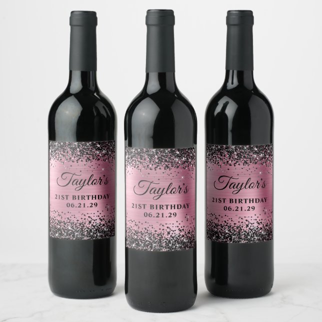 Étiquette Pour Bouteilles De Vin Black Glitter Pink Foil 21st Birthday (Bouteilles)