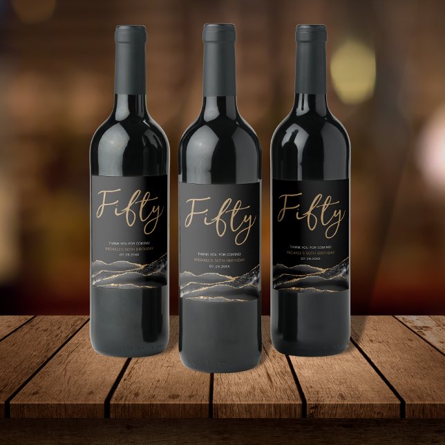 Étiquette Pour Bouteilles De Vin Black Gold Agate 50e Anniversaire Étiquette de vin (Créateur téléchargé)