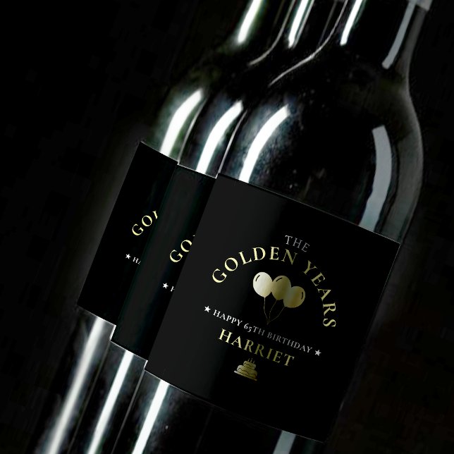 Étiquette Pour Bouteilles De Vin Black & Gold Golden Years 65e fête d'anniversaire (Black & Gold Golden Years 65th Birthday Party Wine Label)