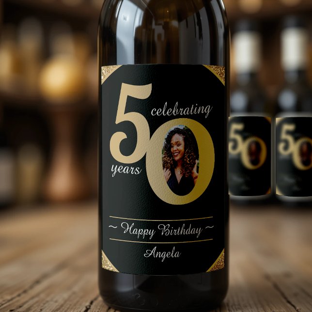 Étiquette Pour Bouteilles De Vin Black & Gold Parties scintillant 50 Cinquante ans  (Black & Gold Glitter 50 Fifty Years 50th Birthday Wine Label
)