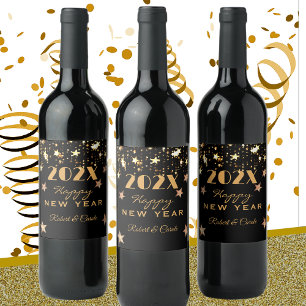Étiquette Pour Bouteilles De Vin Black & Gold Stars Nom Bonne année (6)