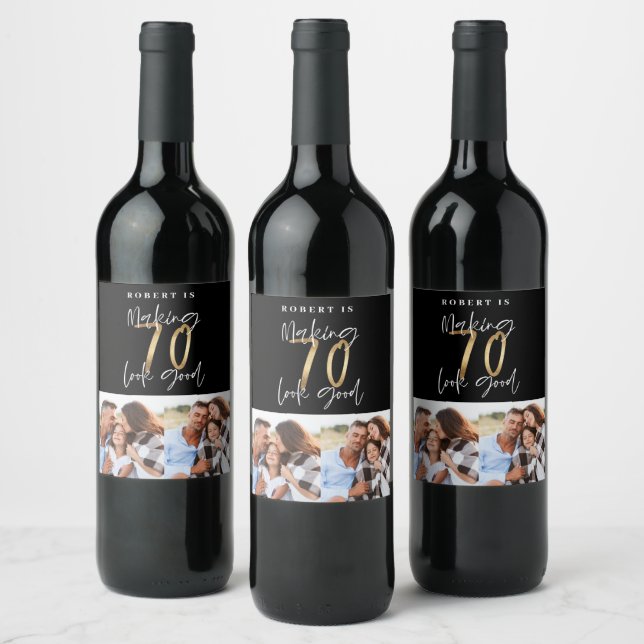 Étiquette Pour Bouteilles De Vin Black or 70e anniversaire multi photo fête (Bouteilles)