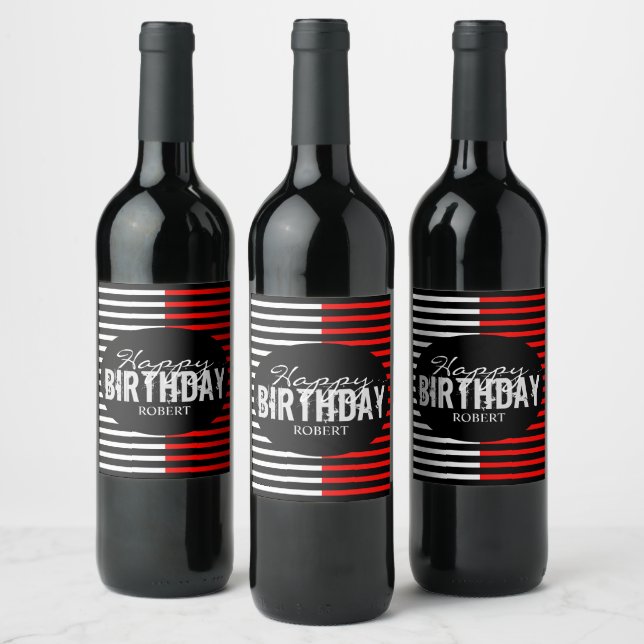 Étiquette Pour Bouteilles De Vin Black & Red Joyeux anniversaire (Bouteilles)