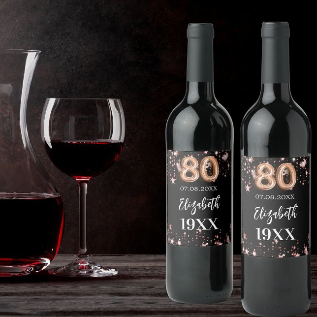 Étiquette Pour Bouteilles De Vin Black rose or étoiles 80e anniversaire (Créateur téléchargé)