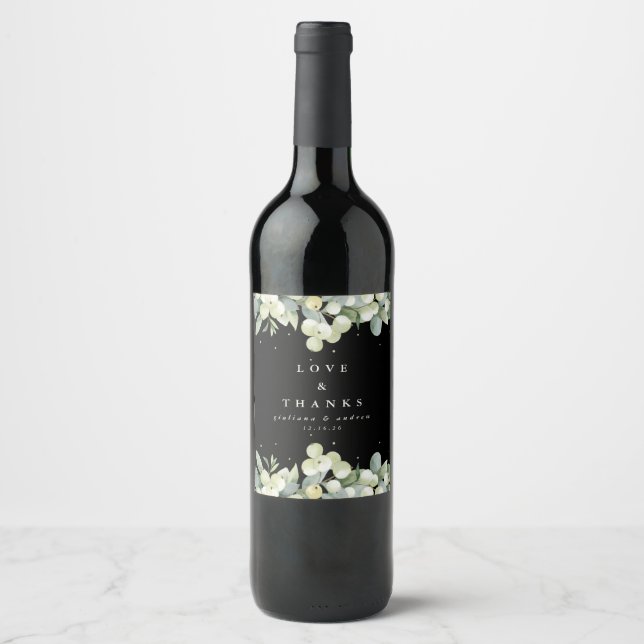 Étiquette Pour Bouteilles De Vin Black Snowberry+Eucalyptus Mariage d'hiver (Devant)