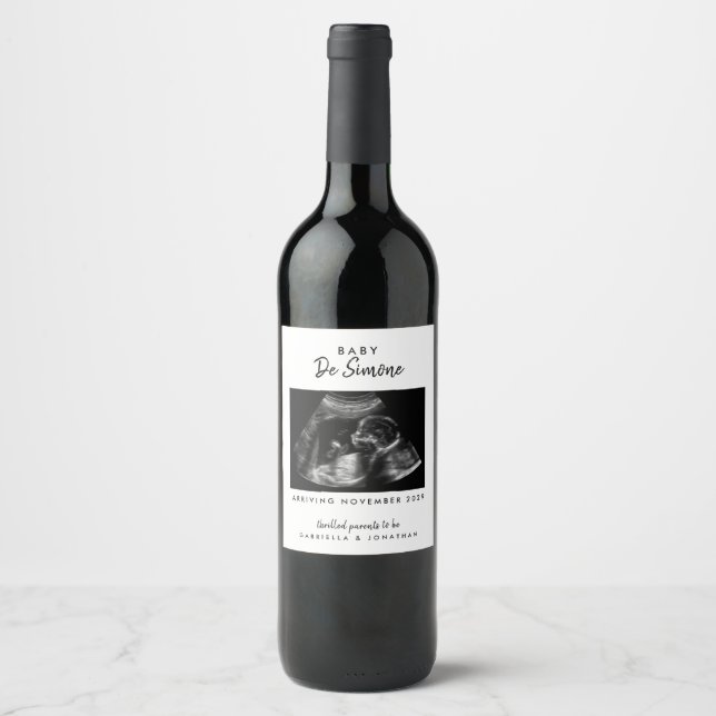 Étiquette Pour Bouteilles De Vin Black White Pregnancy Announcement Sonogram Photo (Devant)