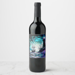 Étiquette Pour Bouteilles De Vin Blacklight-Lighthouse et voilier mer tempête