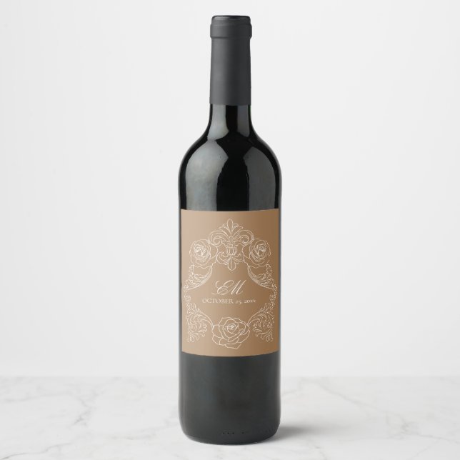 Étiquette Pour Bouteilles De Vin Blason de monogramme romantique brun doré (Devant)