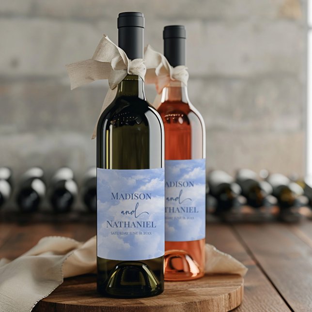 Étiquette Pour Bouteilles De Vin Bleu Blanc Étincelle Nuages Rêveur Élégant Mariage (Créateur téléchargé)