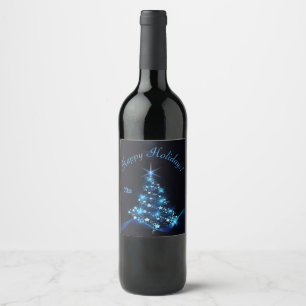Étiquette Pour Bouteilles De Vin Bleu brillant des étoiles sur l'arbre de Noël fonc