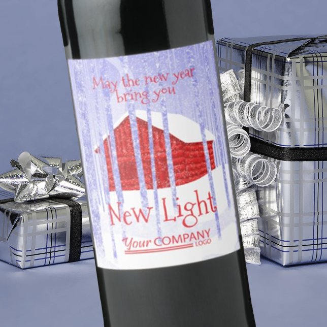 Étiquette Pour Bouteilles De Vin Bleu, Cabine de neige rouge Noël Vin Étiquette (company Christmas logo wine labels, corporate holiday stickers, red blue winter snow cabin scene)