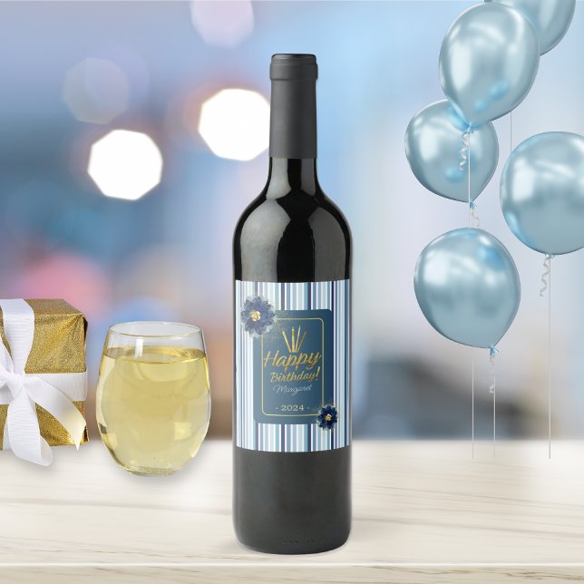 Étiquette Pour Bouteilles De Vin Bleu Chic Bleu Flore Blancs Joyeux Anniversaire No (Créateur téléchargé)