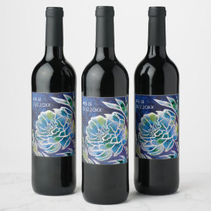 Étiquette Pour Bouteilles De Vin Bleu Dahlia artisanal Marine Turquoise Floral Aqua
