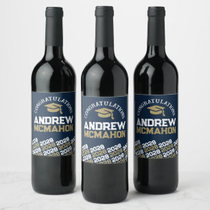 Étiquette Pour Bouteilles De Vin Bleu de marine et bronze Gold Graduation personnal