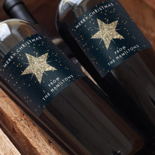 Étiquette Pour Bouteilles De Vin Bleu et or Étoile de Noël