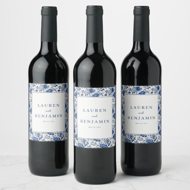 Étiquette Pour Bouteilles De Vin Bleu Floral Élégant (Bouteilles)